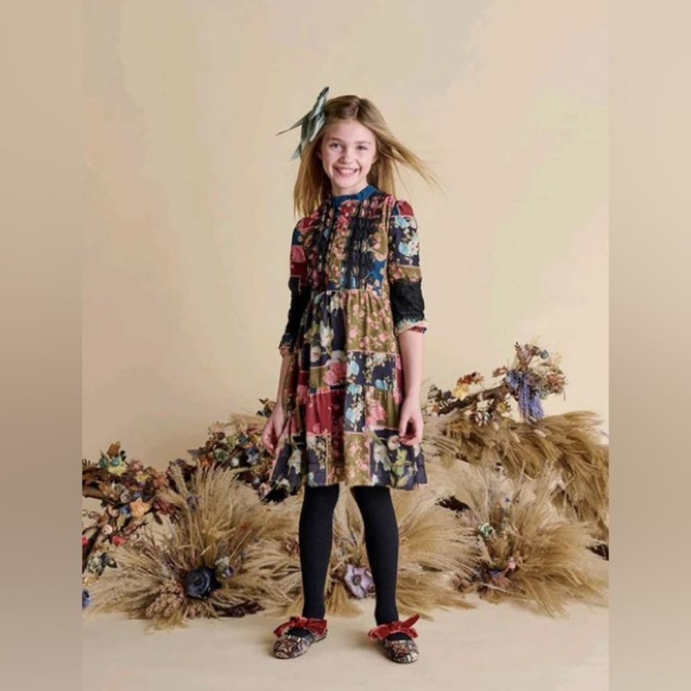 Porter Boutique Multicolor Floral Lace Sleeve Tween Dress, 12, MSRP $145
